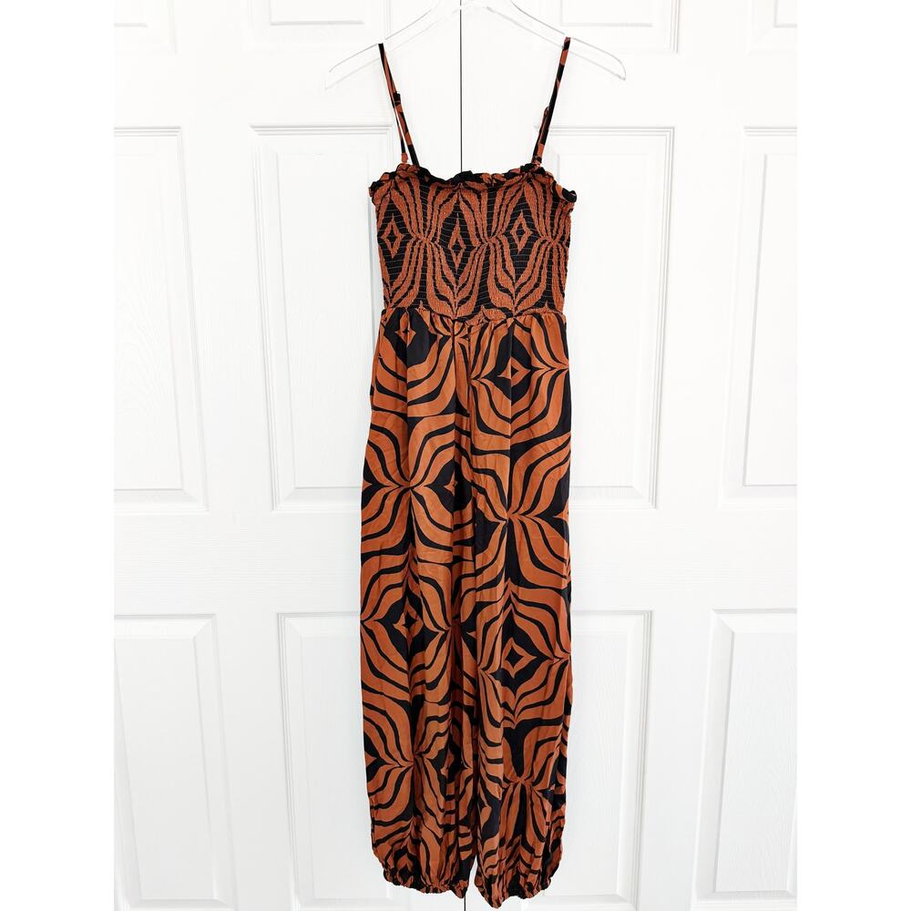 Anthropologie Printed Balloon Leg Jumpsuit Rust Black Smocked Boho Chic Resort - Picture 3 of 9